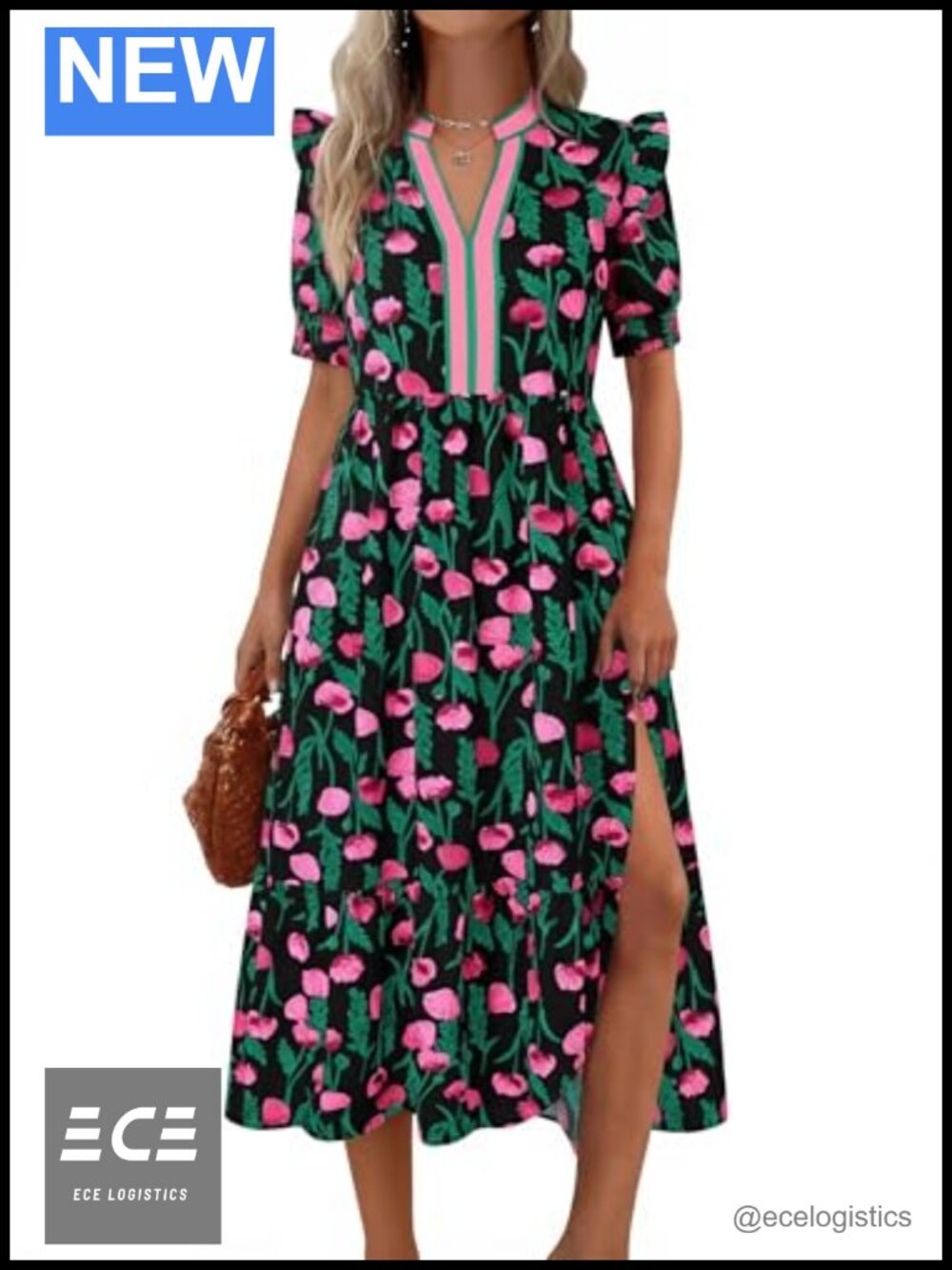 Womens Floral Puff Short Sleeve V Neck Flowy Midi Dress